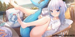Rule 34 | 1girl, :d, artist name, ass, barefoot, bloop (gawr gura), blue eyes, blunt bangs, blurry, casual, commentary request, depth of field, feet, fins, fish tail, gawr gura, grin, hair ornament, hairclip, hololive, hololive english, legs up, long hair, long sleeves, looking at viewer, lying, mujinbensin, multicolored hair, open mouth, pillow, resolution mismatch, shark tail, sidelocks, smile, soles, source larger, streaked hair, tail, toes, two-tone hair, two side up, virtual youtuber, white hair, wooden floor