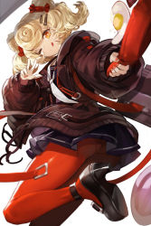 Rule 34 | 1girl, ;q, animal ears, arknights, bear ears, black jacket, black skirt, blonde hair, egg, frying pan, goomrrat, gummy (arknights), hair ornament, hairclip, highres, holding, jacket, leg up, loafers, long hair, long sleeves, looking at viewer, miniskirt, nail polish, necktie, one eye closed, orange eyes, pantyhose, puffy sleeves, red pantyhose, shoes, skirt, smile, solo, standing, standing on one leg, tongue, tongue out, w