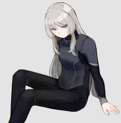 Rule 34 | 1girl, absurdres, alternate costume, an-94 (girls&#039; frontline), blue eyes, bodysuit, expressionless, feet out of frame, girls&#039; frontline, grey background, highres, long hair, rampart1028, sitting, solo, sweatdrop, white hair