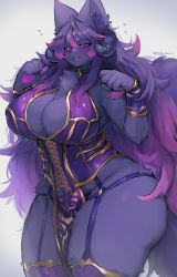 Rule 34 | 1girl, :d, absurdres, animal nose, blush, breasts, claws, cleavage cutout, clothing cutout, commission, fangs, furry, furry female, heart, highres, horns, huge breasts, long hair, looking at viewer, open mouth, original, pawpads, purple eyes, skeb commission, smile, snout, solo, suurin (ksyaro), thick thighs, thighhighs, thighs, third eye, very long hair