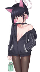 Rule 34 | 1girl, animal ears, bag, black choker, black hair, black pantyhose, blue archive, blue hoodie, breasts, breasts apart, cat ears, cat girl, choker, closed mouth, collarbone, colored inner hair, commentary, cowboy shot, english commentary, food, hair ornament, hairclip, hand in pocket, head tilt, holding, holding bag, hood, hoodie, kazusa (blue archive), looking at viewer, medium breasts, meemz a, multicolored hair, no pants, no shirt, off shoulder, open clothes, open hoodie, pantyhose, pink eyes, pink hair, simple background, solo, standing, sweets, thigh gap, two-tone hair, white background