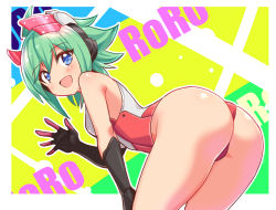 Rule 34 | 1girl, ass, azure striker gunvolt, bare shoulders, bent over, blue eyes, blush, breasts, cameltoe, from behind, green hair, headgear, leotard, looking at viewer, medium breasts, open mouth, roro (gunvolt), shiny clothes, shiny skin, short hair, sideboob, small breasts, smile, solo