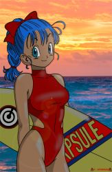 Rule 34 | 1girl, absurdres, bare shoulders, blue eyes, blue hair, bow, braid, braided ponytail, bulma, casual one-piece swimsuit, closed mouth, clothing cutout, cloud, commentary, covered collarbone, cowboy shot, dark-skinned female, dark skin, darth pravius, dragon ball, dragonball z, halterneck, high ponytail, highleg, highleg swimsuit, highres, long hair, looking at viewer, ocean, one-piece swimsuit, outdoors, ponytail, red bow, red one-piece swimsuit, shiny skin, side cutout, side slit, single braid, skin tight, smile, solo, sunlight, sunset, surfboard, swimsuit, tan, turtleneck
