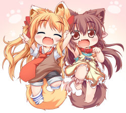 Rule 34 | 2girls, :d, ^ ^, animal ears, armpits, arms up, blonde hair, bow, brown eyes, brown hair, chibi, chisa (kuroneko liger), collar, dog ears, dog tail, dress, closed eyes, fang, fox ears, fox tail, hair bow, holding hands, kuroneko liger, long hair, looking at viewer, manaka (kuroneko liger), multiple girls, necktie, open mouth, original, paw print, pink background, pink eyes, shirt, shorts, sleeveless, sleeveless dress, smile, tail, twintails, v, very long hair, vest