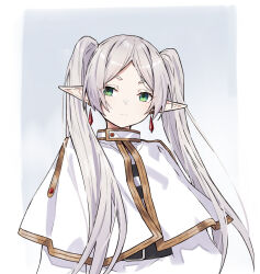 Rule 34 | 1girl, blush, capelet, closed mouth, commentary request, earrings, elf, frieren, gradient background, grey background, grey hair, highres, jewelry, light smile, long hair, looking at viewer, pointy ears, solo, sousou no frieren, takanashi kei (hitsujikan), upper body, white capelet