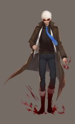 Rule 34 | 1boy, absurdres, bad id, bad twitter id, blood, blood on clothes, blood on face, bloody weapon, character request, copyright request, highres, holding, holding weapon, jam (nandade), knife, male focus, necktie, red eyes, solo, weapon, white hair