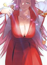 Rule 34 | 1girl, blouse, breasts, brown eyes, cleavage, closed mouth, commentary request, dress, dressing, earrings, highres, jewelry, jun&#039;you (kancolle), kantai collection, large breasts, long hair, long sleeves, looking at viewer, magatama, magatama earrings, mature female, purple eyes, red dress, shirt, shishanmo, simple background, solo, spiked hair, tassel, very long hair, white background, white shirt