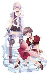 Rule 34 | 2girls, anklet, armor, armored dress, asymmetrical clothes, blue eyes, boots, brown hair, capelet, capri pants, chiyoko, choker, dagger, full body, gloves, greaves, grey hair, jewelry, knee boots, knife, midriff, multiple girls, original, pants, purple eyes, shoes, short hair, signature, skirt, sword, thighhighs, weapon, white background