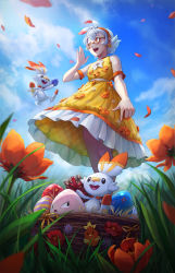 Rule 34 | 1girl, basket, blush, box, cloud, commentary, creatures (company), day, dress, earrings, egg, exeggcute, flower, frills, from below, game freak, gen 1 pokemon, gen 8 pokemon, gift, gift box, glasses, grass, hairband, hand up, highres, holding, jewelry, kazuko (towa), nintendo, open mouth, orange flower, outdoors, petals, pokemon, pokemon (creature), scorbunny, short hair, short sleeves, sky, smile, spring (season), standing, straw (stalk), teeth, tongue, upper teeth only, white hair, yellow dress