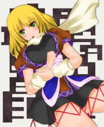 Rule 34 | 1girl, arm warmers, blonde hair, blush, breasts, circussion, female focus, green eyes, large breasts, mizuhashi parsee, aged up, open mouth, scarf, short hair, skirt, solo, thighs, touhou
