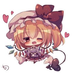 Rule 34 | 1girl, ;d, blonde hair, blush, chibi, fang, flandre scarlet, hat, heart, muuran, one eye closed, open mouth, red eyes, short hair, side ponytail, signature, simple background, sketch, smile, solo, touhou, white background, wings