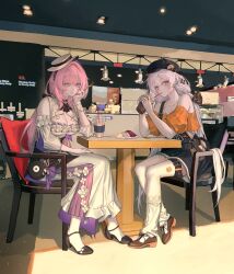 Rule 34 | 2girls, absurdres, ascot, bag, bare shoulders, black ascot, black footwear, black overalls, blue eyes, cafe, chair, cup, dessert, disposable cup, drinking straw, drinking straw in mouth, elysia (honkai impact), food, fork, handbag, hat, head rest, highres, holding, holding fork, honkai (series), honkai impact 3rd, kiana kaslana, korean commentary, long hair, low twintails, multiple girls, neon (pixiv 31150749), official art, overalls, pink hair, second-party source, sitting, table, twintails, white hair