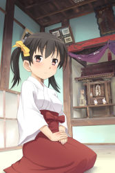 Rule 34 | 1girl, black hair, brown eyes, fox statue, inari, japanese clothes, meow (nekodenki), miko, original, room, seiza, short twintails, shrine, sitting, solo, statue, twintails