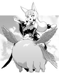 Rule 34 | 1girl, animal ear fluff, animal ears, arm support, bare shoulders, blunt bangs, blush, border, breasts, character request, cloud, cloudy sky, commentary request, copyright request, covered erect nipples, detached sleeves, dot nose, extra legs, faceless, fan no hitori, fang, greyscale, highres, hundun (mythical creature), large breasts, long hair, looking away, low-tied long hair, monochrome, open mouth, outside border, outstretched arm, puffy nipples, riding, sidelocks, skin fang, sky, slit pupils, tail, thick eyebrows, tsurime, v-shaped eyebrows, white background, white border, wide sleeves, wings