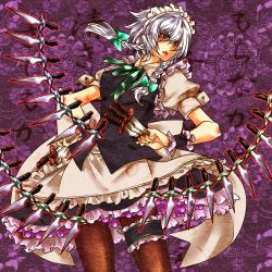 Rule 34 | 1girl, bow, braid, discharge cycle, female focus, hair bow, izayoi sakuya, knife, long hair, maid, maid headdress, pantyhose, red eyes, silver hair, solo, embodiment of scarlet devil, throwing knife, tobi (discharge cycle), touhou, twin braids, weapon, wrist cuffs
