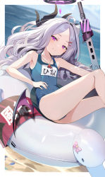 Rule 34 | 1girl, ahoge, armpits, ass, blue archive, blue one-piece swimsuit, blurry, blurry background, border, commentary request, covered navel, demon horns, dutch angle, feet out of frame, flat chest, gun, hair ornament, hairclip, halo, highres, hina (blue archive), hina (swimsuit) (blue archive), horns, innertube, kouda hayato (e-gis), legs, light purple hair, long hair, looking at viewer, low wings, lying, machine gun, mg42, multiple horns, name tag, ocean, official alternate costume, on back, one-piece swimsuit, parted bangs, purple eyes, shadow, shiny skin, smile, solo, sweatdrop, swim ring, swimsuit, thighs, weapon, whistle, whistle around neck, white border, wings