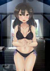 Rule 34 | 1girl, bikini, black bikini, black hair, breasts, frilled bikini, frills, grey eyes, hair ornament, hairclip, own hands clasped, highres, kantai collection, looking at viewer, medium breasts, open mouth, otobi, own hands together, oyashio (kancolle), side-tie bikini bottom, solo, standing, storage room, swimsuit, thigh gap, vaulting horse, window