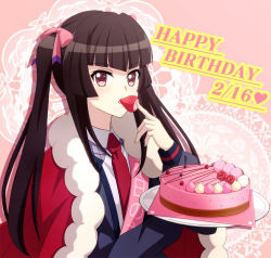 Rule 34 | 1girl, blunt bangs, bow, brown hair, cake, cape, cardigan, collared shirt, eating, floating hair, food, fur-trimmed cape, fur trim, grey cardigan, hair bow, happy birthday, heart, holding, holding plate, long hair, long sleeves, miona yui, necktie, open cardigan, open clothes, pink background, pink bow, pink eyes, plate, red cape, red necktie, senki zesshou symphogear, shirt, solo, tsukuyomi shirabe, twintails, upper body, very long hair, white shirt, wing collar