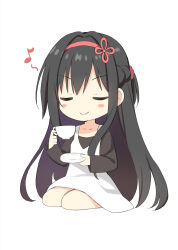 Rule 34 | 1girl, ^ ^, black hair, black shirt, blush stickers, braid, chibi, closed eyes, closed mouth, commentary, cup, double-parted bangs, dress, french braid, hair between eyes, hairband, hamidashi creative, highres, holding, holding cup, holding plate, kamakura shio, long hair, long sleeves, musical note, plate, red hairband, shirt, short ponytail, sidelocks, simple background, sitting, smile, solo, utsunomiya tsumire, very long hair, wariza, white background, white dress