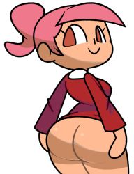 Rule 34 | 1girl, animal crossing, ass, bottomless, breasts, brown eyes, from behind, long hair, long sleeves, looking back, lying, medium breasts, nintendo, pink hair, ponytail, red shirt, shirt, smile, vilepluff, villager (animal crossing), white background