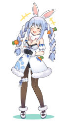 Rule 34 | 1girl, absurdres, animal ear fluff, animal ears, bare shoulders, black gloves, black leotard, black pantyhose, blue hair, blush, braid, breasts, bridal garter, carrot hair ornament, cleavage, closed eyes, commentary, detached sleeves, don-chan (usada pekora), dress, efu (ehutan), facing viewer, food-themed hair ornament, full body, fur-trimmed dress, fur-trimmed gloves, fur trim, gloves, hair ornament, highres, hololive, leotard, low twintails, multicolored hair, open mouth, own hands together, pantyhose, rabbit ears, rabbit girl, short eyebrows, simple background, small breasts, smile, solo, standing, strapless, strapless dress, teeth, thick eyebrows, twin braids, twintails, two-tone hair, upper teeth only, usada pekora, virtual youtuber, white background, white dress, white footwear, white hair