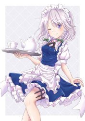 Rule 34 | 1girl, absurdres, apron, black necktie, blue dress, blush, bow, braid, breasts, closed mouth, commentary request, cup, dress, frilled apron, frilled skirt, frills, green bow, grey background, hair between eyes, highres, izayoi sakuya, knife, maid, maid apron, maid headdress, medium hair, necktie, one eye closed, outside border, puffy short sleeves, puffy sleeves, purple eyes, ramie (ramie541), short sleeves, side braid, silver hair, simple background, skirt, skirt hold, smile, solo, tea set, teacup, thigh strap, thighhighs, touhou, tray, twin braids, weapon