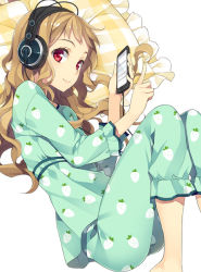 Rule 34 | 1girl, brown hair, cellphone, food print, frilled pillow, frills, headphones, hisho collection, long hair, looking at viewer, lying, mmu, official art, on side, pajamas, phone, pillow, print pajamas, red eyes, smartphone, smile, solo, strawberry print