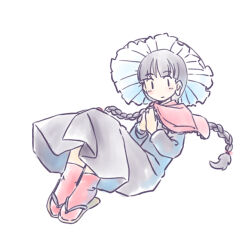 Rule 34 | 1girl, ajirogasa, black hair, blush, braid, capelet, closed mouth, dress, full body, grey dress, hat, long hair, long sleeves, looking at viewer, rangycrow, red capelet, red socks, simple background, smile, socks, solo, touhou, twin braids, white background, yatadera narumi