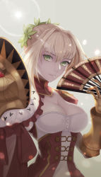 Rule 34 | 1girl, absurdres, armor, blonde hair, breasts, cleavage, epaulettes, fate/grand order, fate (series), from below, green eyes, grey background, hair between eyes, hand fan, highres, large breasts, latin text, looking at viewer, nayamer, nero claudius (fate), nero claudius (fate) (all), nero claudius (fate/extra), paper fan, parted lips, solo, white background