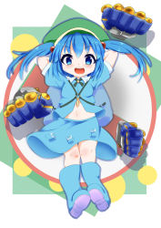 Rule 34 | 1girl, arms behind head, blue eyes, blue hair, blush, boots, dress, extra arms, hair bobbles, hair ornament, hat, highres, kawashiro nitori, key, kyuushiki, looking at viewer, matching hair/eyes, mechanical, mechanical arms, midriff, navel, open mouth, pocket, rubber boots, shirt, short hair, short sleeves, skirt, skirt set, smile, solo, touhou, twintails, two side up