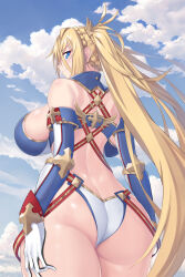 Rule 34 | 1girl, ass, back, bare shoulders, bikini, blonde hair, blue bikini, blue eyes, blue gloves, blue sky, blush, bradamante (fate), bradamante (second ascension) (fate), bradamante (third ascension) (fate), braid, breasts, butt crack, crown braid, elbow gloves, fate/grand order, fate (series), gloves, gold trim, highleg, highleg bikini, highres, large breasts, long hair, looking at viewer, looking back, mrnn, sideboob, sky, smile, solo, swimsuit, thighs, twintails, two-tone bikini, two-tone gloves, very long hair, white bikini, white gloves