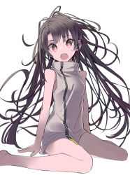 Rule 34 | 1girl, :o, ahoge, bare arms, bare legs, black hair, breasts, c-ms (girls&#039; frontline), dress, fang, girls&#039; frontline, long hair, looking at viewer, medium breasts, messy hair, mole, mole under eye, red eyes, simple background, sitting, solo, tetuw, turtleneck, wariza, white background, white dress, zipper