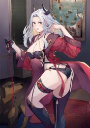 Rule 34 | 1girl, ass, bare shoulders, bikini, black bikini, blush, breasts, carmilla (fate), cleavage, dog, fate/grand order, fate (series), gloves, highres, horns, large breasts, leash, long hair, long sleeves, looking at viewer, nakaga eri, off shoulder, open mouth, robe, solo, swimsuit, thighhighs, thighs, twisted torso, white hair, yellow eyes