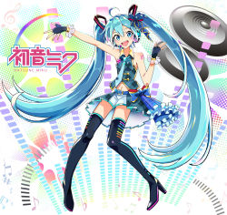 Rule 34 | 1girl, :d, ahoge, alternate costume, aqua eyes, aqua hair, black footwear, black gloves, blue necktie, boots, character name, commentary, fingerless gloves, full body, gloves, hair between eyes, hatsune miku, highres, long hair, looking at viewer, midriff, navel, necktie, okken, open mouth, outstretched arm, pleated skirt, shirt, skirt, sleeveless, sleeveless shirt, smile, solo, thigh boots, twintails, very long hair, vocaloid
