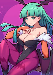 Rule 34 | 1girl, bare shoulders, bat wings, black footwear, black leotard, boots, breasts, bridal gauntlets, cleavage, closed mouth, collarbone, commentary, covered navel, feet out of frame, green eyes, green hair, hand up, head wings, highres, knee up, large breasts, leotard, long hair, looking at viewer, morrigan aensland, pantyhose, parted bangs, pink background, purple background, purple pantyhose, purple wings, smile, solo, two-tone background, umenodo, vampire (game), very long hair, wings