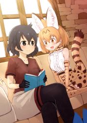 Rule 34 | 2girls, absurdres, animal ears, bare shoulders, between legs, black gloves, black hair, black legwear, blonde hair, blouse, blue eyes, blush, book, bookmark, bow, bowtie, breast pocket, brown hair, center frills, commentary request, couch, crossed legs, deku suke, elbow gloves, extra ears, frills, gloves, hand between legs, high-waist skirt, highres, kaban (kemono friends), kemono friends, multicolored hair, multiple girls, no headwear, no headwear, pantyhose, pocket, print gloves, print legwear, print neckwear, print skirt, reading, red shirt, serval (kemono friends), serval print, serval tail, shirt, short hair, short sleeves, shorts, sitting, skirt, sleeveless, smile, t-shirt, tail, thighhighs, traditional bowtie, wariza, white shirt, yellow eyes, zettai ryouiki
