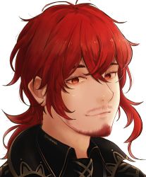 Rule 34 | 1boy, alternate facial hair, antenna hair, collared jacket, crossed bangs, diluc (genshin impact), facial hair, genshin impact, goatee, hair between eyes, highres, jacket, long hair, male focus, mustache, ponytail, portrait, red eyes, red hair, rookieteh, shirt, simple background, smile, solo