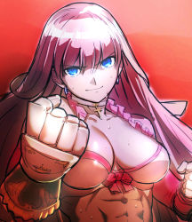 Rule 34 | 1girl, abs, aoba (smartbeat), bare shoulders, bikini, blue eyes, breasts, choker, cleavage, clenched hand, collarbone, cross, cross choker, elbow gloves, fate/grand order, fate (series), gauntlets, gloves, highres, large breasts, long hair, looking at viewer, martha (fate), martha (swimsuit ruler) (fate), muscular, muscular female, purple hair, red gloves, smile, solo, sweat, swimsuit, white bikini