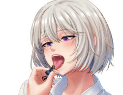 Rule 34 | 2girls, disgust, drooling, female focus, gesugao, giant, giantess, helpless, highres, imminent vore, kuroihassan, licking, licking minigirl, long hair, mini person, minigirl, multiple girls, open mouth, original, purple eyes, saliva, short hair, silver hair, simple background, size difference, soft vore, teeth, tongue, tongue out, vore, white background