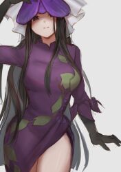 Rule 34 | 1girl, arm up, black gloves, black hair, blush, breasts, china dress, chinese clothes, dress, elbow gloves, flower, flower on head, gloves, grape print, highres, large breasts, leaf print, long hair, long sleeves, looking at viewer, mandarin collar, orchid (pixiv3730518), purple dress, purple eyes, purple flower, sidelocks, simple background, smile, solo, standing, teeth, touhou, veil, white background, yomotsu hisami