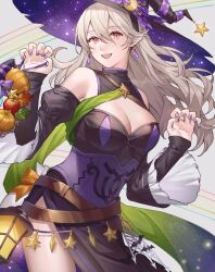 Rule 34 | 1girl, ai tkkm, belt, black dress, black hairband, breasts, brown belt, cleavage, commentary request, corrin (female) (fire emblem), corrin (female) (halloween) (fire emblem), corrin (fire emblem), crossed belts, detached sleeves, dress, earrings, fingernails, fire emblem, fire emblem fates, fire emblem heroes, floating hair, grey background, grey hair, hair between eyes, hairband, halloween, halloween costume, hat, highres, jewelry, long hair, looking at viewer, medium breasts, nintendo, official alternate costume, open mouth, pointy ears, purple nails, red eyes, smile, solo, teeth, upper teeth only, wavy hair, witch, witch hat