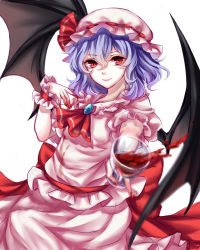 Rule 34 | 1girl, absurdres, alcohol, bad id, bad pixiv id, bat wings, blurry, cup, depth of field, drinking glass, glass, hat, highres, light purple hair, mob cap, red eyes, remilia scarlet, sheya, short hair, smile, touhou, wine, wine glass, wings, wrist cuffs