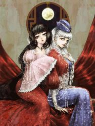 2girls, absurdly long hair, adapted costume, bangs, behind another, bell, bell earrings, black hair, blue dress, braid, breasts, bridal gauntlets, choker, collarbone, constellation print, dress, earrings, eyebrows visible through hair, eyelashes, eyeliner, eyeshadow, fingernails, floral print, frilled sleeves, frills, full moon, hand on another&#039;s arm, hand on own chest, head tilt, houraisan kaguya, jewelry, long fingernails, long hair, long skirt, long sleeves, looking at viewer, makeup, mascara, medium breasts, moon, moonlight, multicolored, multicolored clothes, multicolored dress, multiple girls, nail polish, nazo (mystery), neck bell, night, night sky, parted lips, pearl (gemstone), pink lips, pink shirt, print bridal gauntlets, puffy long sleeves, puffy sleeves, red choker, red curtains, red dress, red lips, red skirt, round window, shirt, silver eyes, silver hair, single braid, sitting, skirt, sky, smile, sparkle, star (symbol), star earrings, star print, swept bangs, texture, touhou, very long hair, white nails, wide sleeves, yagokoro eirin