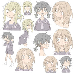 Rule 34 | 3girls, absurdres, bags under eyes, black serafuku, blonde hair, braid, character profile, closed eyes, cropped torso, expressions, female focus, flat color, french braid, from side, grin, highres, looking to the side, masikakuma, medium hair, messy hair, multiple girls, no pupils, original, pale color, profile, school uniform, serafuku, short twintails, simple background, skirt, smile, twintails, white background