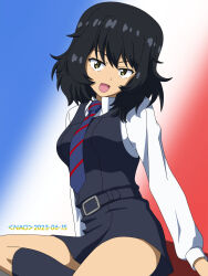 Rule 34 | 1girl, andou (girls und panzer), bc freedom school uniform, black hair, breasts, brown eyes, dated, french flag, girls und panzer, highres, looking at viewer, medium breasts, naotosi, open mouth, school uniform, short hair, signature, simple background, smile, solo