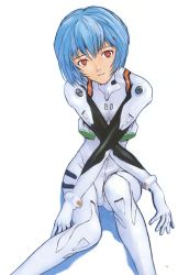 Rule 34 | 1girl, absurdres, artbook, ayanami rei, blue hair, bodysuit, bracer, breasts, crossed arms, expressionless, gloves, head tilt, headgear, highres, looking at viewer, neon genesis evangelion, official art, page number, pilot suit, plugsuit, red eyes, scan, shadow, short hair, signature, simple background, sitting, skinny, small breasts, solo, suzuki shunji, white background