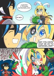 Rule 34 | 1boy, 1girl, 3koma, absurdres, asymmetrical bodysuit, asymmetrical clothes, asymmetrical gloves, black bodysuit, black hair, black sclera, blaster master zero, blaster master zero 2, blonde hair, blue background, blue eyes, blue hair, blue skin, bodysuit, breaking, breast envy, colored sclera, colored skin, comic, corruption, crushing, english text, eve (blaster master zero), eye contact, food, fruit, gloves, gradient background, grey background, grey eyes, hair between eyes, hair ribbon, heterochromia, highres, jason frudnick, looking at another, mismatched sclera, multicolored hair, multicolored skin, open mouth, ribbon, simple background, smile, sweatdrop, tomycase, two-tone hair, violence, vitiligo, watermelon, worried, yandere
