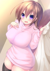 Rule 34 | 1girl, blush, breasts, brown hair, curvy, hair between eyes, highres, huge breasts, large breasts, long hair, long locks, long sleeves, looking at viewer, open mouth, purple eyes, solo, sweater, thick thighs, thighhighs, thighs, ynn