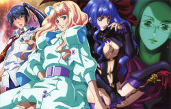 Rule 34 | 1boy, 2girls, absurdres, blonde hair, blue hair, blush, glasses, grace o&#039;connor, highres, jewelry, lipstick, macross, macross frontier, macross frontier: itsuwari no utahime, makeup, multiple girls, official art, saotome alto, school uniform, sheryl nome