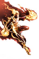 Rule 34 | 1boy, bodysuit, boots, dc comics, fire, firestorm, gloves, glowing, glowing eyes, highres, male focus, naratani, simple background, solo, white background, yellow eyes